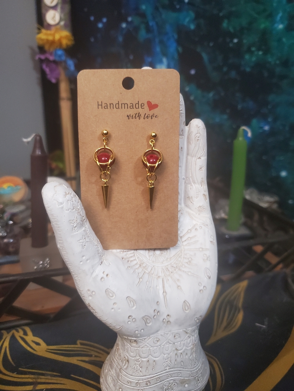 Handmade Gold And Red Chainmail Weave Spike Drop Hypoallergenic Earrings